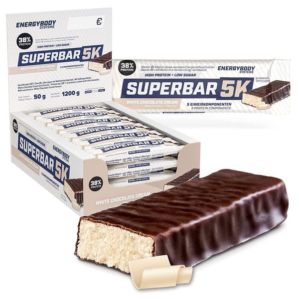 Germany Fast Energy Body Super Bar 5K Protein Lock White Chocolate Cream 24x50g/High Protein Lock 38% Protein - 1.4g Sugar/Low Carb/Egg ​​Locker Sugar Arm for Protein Bar, Quantity, See Details