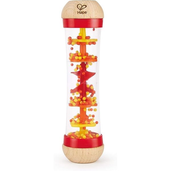 Hape Beaded Raindrops | Mini Wooden Musical Shake & Rattle Rainmaker Toy, Red