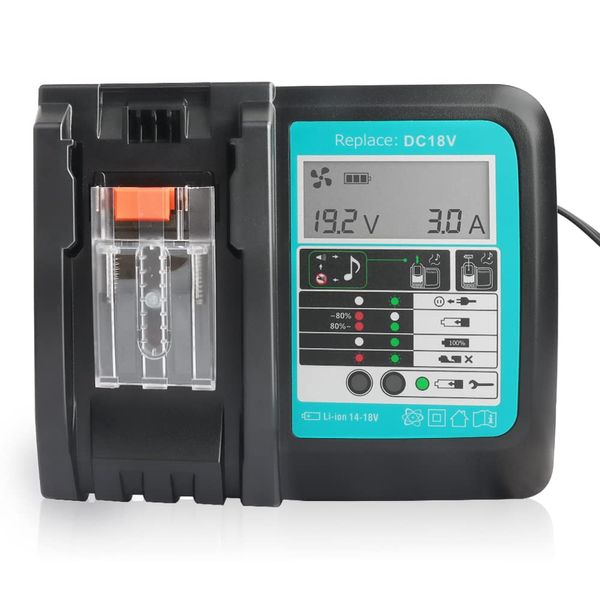 Waitley Makita Charger, DC18RF Compatible Cooling Fan, LCD Panel, Compatible with Makita 14.4V/18V Batteries, Compatible with BL1460, BL1430, BL1860, BL1850, Charging Complete Melody Included