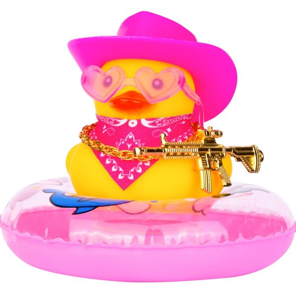 MuMyer Cowboy Duck Car Dashboard Decoration Swim Ring Car Rubber Duck Decoration Accessories with Mini Swim Ring Cowboy Hat Scarf Necklace and Sunglasses(E2-2 Hs-Pink)