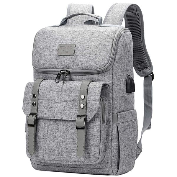 Vintage Backpack Travel Laptop Backpack with usb Charging Port for Women & Men School College Students Backpack Fits 15.6 Inch Laptop Grey