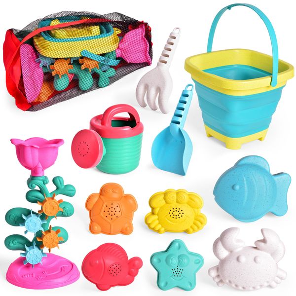 Sand Toys, 12 Piece Beach Toys Set Kids Sandbox Toys Includes Collapsible Beach Bucket Shovel Sand Molds Mesh Bag for Travel, Sand Toys for Kids Ages 3-14(Introducing Randomly Colored Accessories)