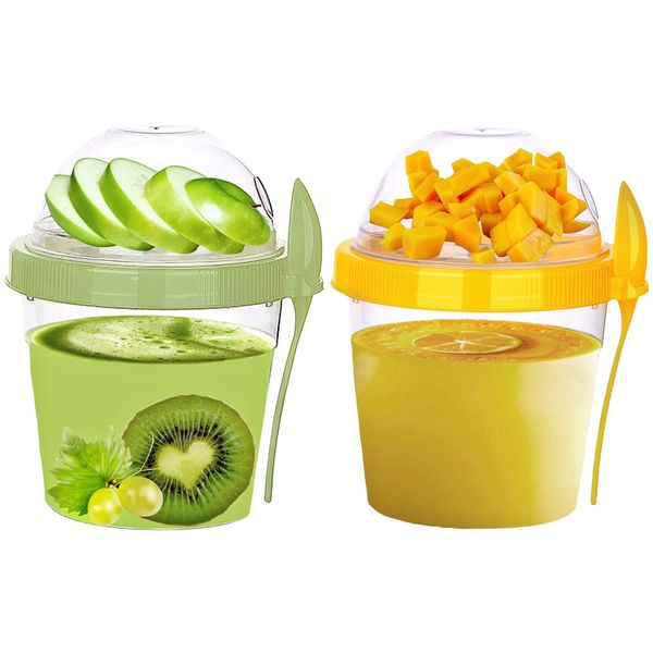 VL Yogurt Cup & Spoon 500Ml Reusable Breakfast Pot Muesli Cup Spoon With Lid Cereal Snack Overnight Oats Dishwasher Safe Lunch Box Oatmeal Jars Travel Meal Prep Food Container (Set of 2 Green, Yellow)