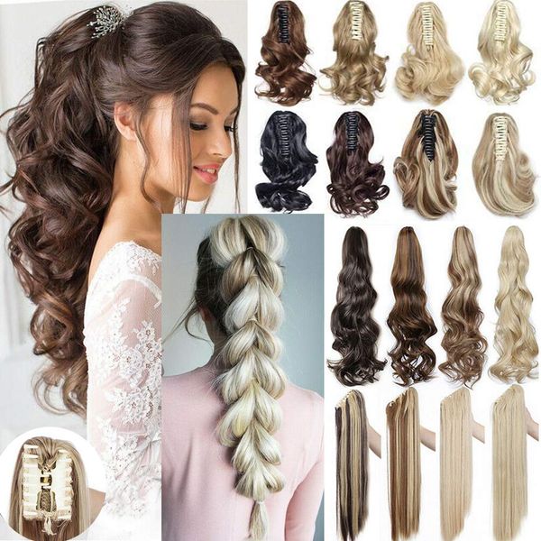 24" Claw Clip in Ponytail Hair Extension Wavy Ombre Synthetic Hairpiece One Piece A Jaw Long Pony Tails for Women Dark Brown mix Sandy Blonde