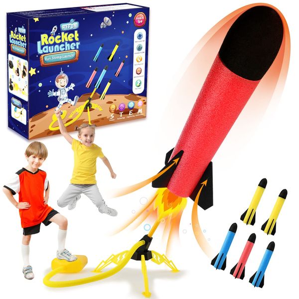 REFUN Toy Rocket Launcher for Kids with 6 Foam Rockets and Toy Air Rocket Launcher, STEM Gift for Boys and Girls Ages 3 Years and Up, Christmas Xmas Easter Egg Gifts Fun Outdoor/Indoor Toy for Kids