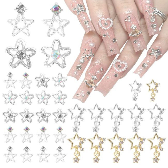 30Pcs Star Nail Charms for Acrylic Nails Crystal Diamond Alloy Star Nail Art Supplies Decor for Women Girls Nails Crafts