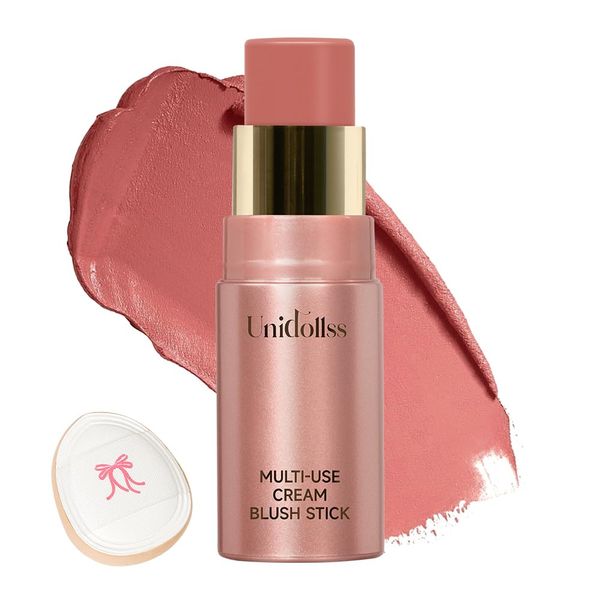 Multi-Use Makeup Cream Blush Stick, Unidollss 3-in-1 Buildable Blush Stick for Cheeks, Eyes, and Lips, Hydrating formula, All day wear, Easy Application with Thumb Puff Included (02 INFATUATION)