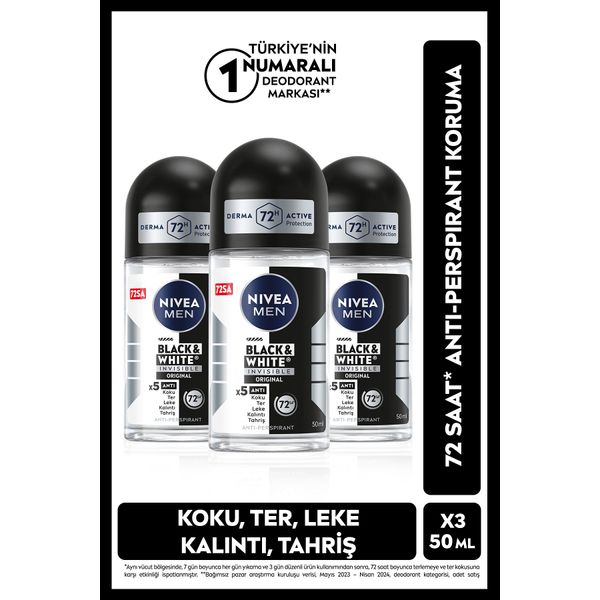 MEN Erkek Roll-on Deodorant Black&White Invisible Original 50ml, 72 Saat Anti-perspirant, X3 AdetSet