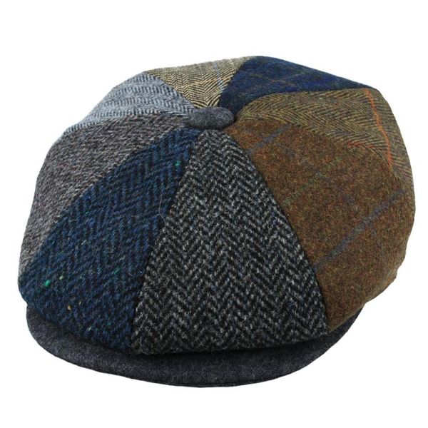 Xposed Mens Wool Blend Patch Panel Herringbone Tweed Newsboy Cap Multi Colour Hat [WN2175MUL-MULTI-S]
