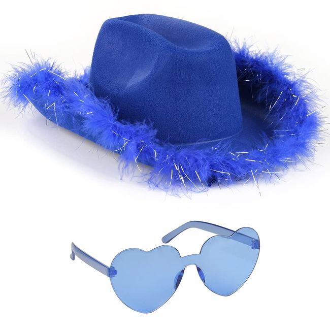 Funcredible Blue Cowboy Hat and Glasses - Fluffy Cowgirl Hat - Feather Cowboy Hats for Women - Cowgirl Costume Accessories