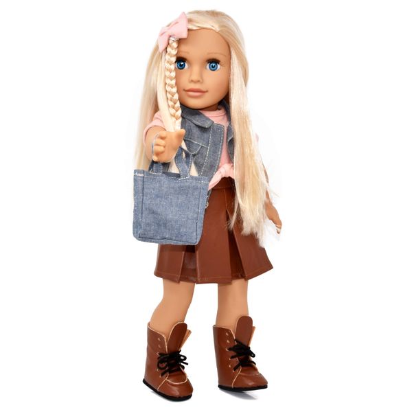 Gift Boutique 18 Inch Girl Doll, Fashion Doll with Fine Blonde Long Hair for Styling, Blue Eyes, Leather Boots, Denim Jacket Hair Bow Handbag, Doll Clothes and Accessories Princess Doll for Kids