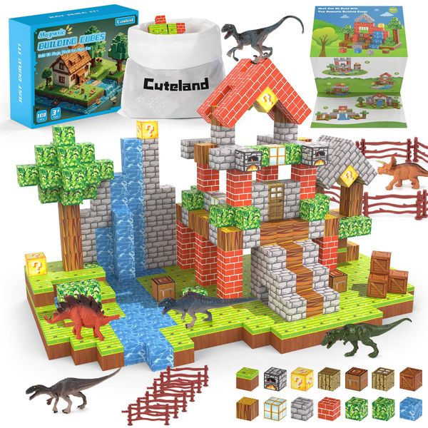 Magnetic Blocks 108PCS Magnetic Building Blocks for Boys 6-8 with 6 Dinosaur Toys, Magnetic Building Blocks Toddler Toys STEM Sensory Toys for 6+ Year Old Boys & Girls, Creative Kids Games Kids Toys