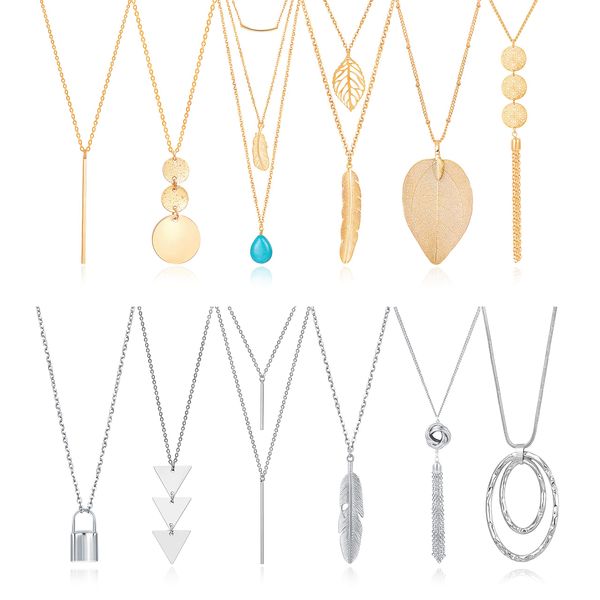 Fecsiory 12 Pcs Long Pendant Necklace for Women, Gold Bar Feather Triangle Leaf Lock Tassel Y Necklace Jewelry Set for Girls