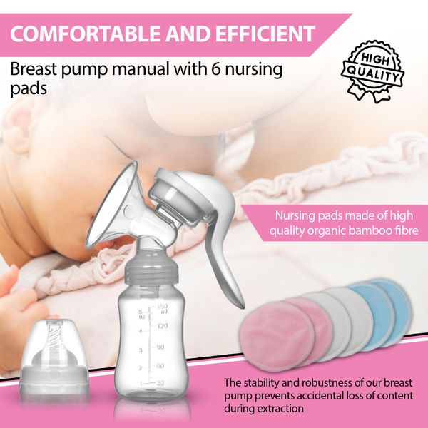 Breast Pump Manual + 6 Reusable Breastfeeding Pads - Nice and Ergonomic Design (150mL) - Baby Comfort