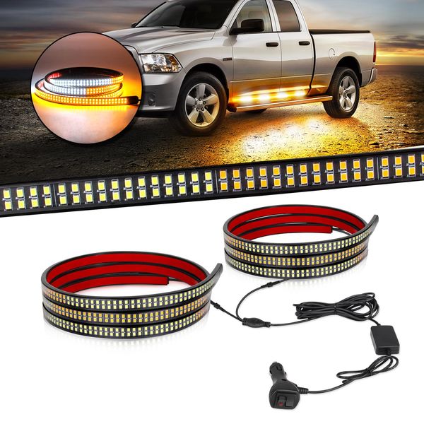 OPL5 2PCS 70 inch Amber White Emergency Truck Running Board Strobe Lights Strip 1152 LED Waterproof Flexible Flashing Warning Hazard Safety Light Strip for Pickup Trucks Snowplow (70 Inch Amber White)