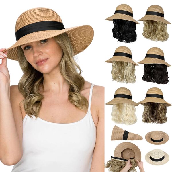 Cephermer Sun Hat, Straw Hat Wig Detachable Adjustable Hat with 12 Inch Synthetic Wavy Hair Extensions Foldable for Women Summer Beach Outdoors Ash Blonde