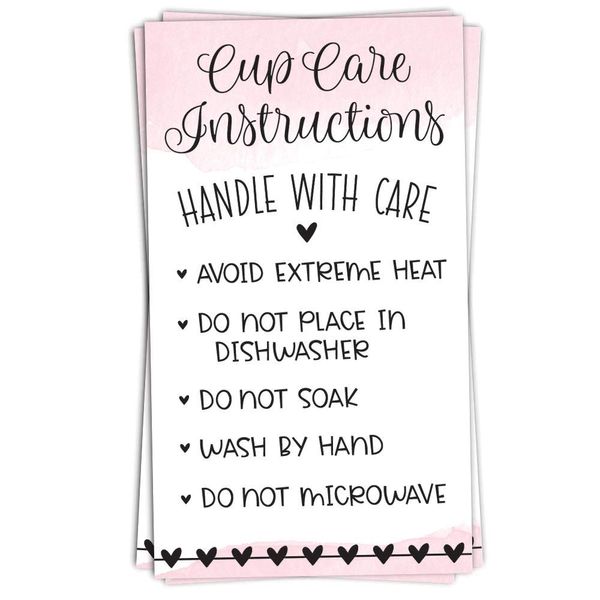 m&h invites 100 Pink Cup Care Instructions Cards - Tumblers and Mugs Care Instruction Insert for Small Business - Customer Directions Cards - Small Online Shop Package Insert