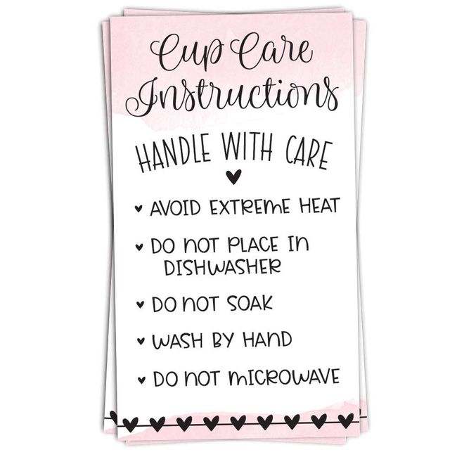 m&h invites 100 Pink Cup Care Instructions Cards - Tumblers and Mugs Care Instruction Insert for Small Business - Customer Directions Cards - Small Online Shop Package Insert