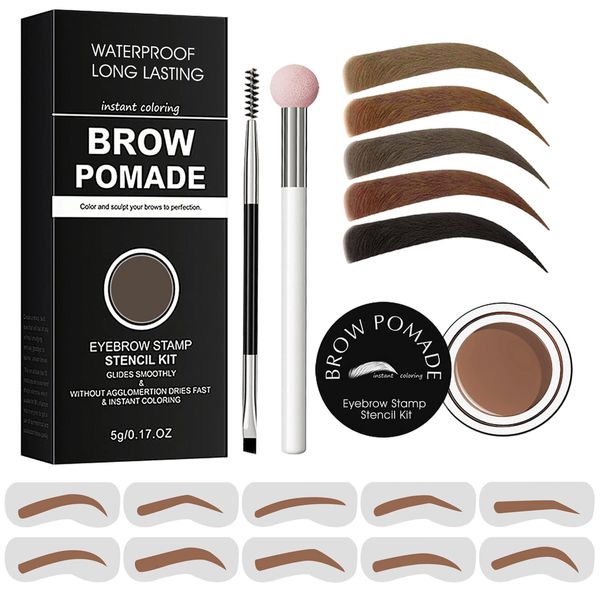 Eyebrow Stamp Stencil Kit - for Waterproof Eyebrows Makeup, Eyebrow Stamp Kit with Sponge Applicator, 10 Eyebrow Stencils, Dual-ended Brow Brush, Waterproof Eyebrow Pomade (Red Brown)