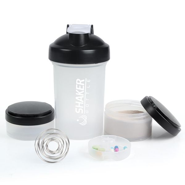 VECH Protein Shaker Bottle -16oz Shaker Cup - 500ml Shaker Bottle for Protein Shakes with Mixing Ball - Leak Proof GYM Shaker Bottles for Workout with Supplement Storage & Pill Tray -Bpa Free （White）