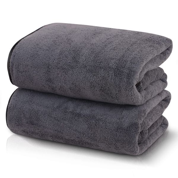 TENSTARS Silk Hemming Bath Towels for Bathroom Clearance - 27 x 55 inches - Light Thin Quick Drying - Soft Microfiber Absorbent Towel for Fitness, Sports, Yoga, Travel, Gym - 2 Pack, Dark Grey