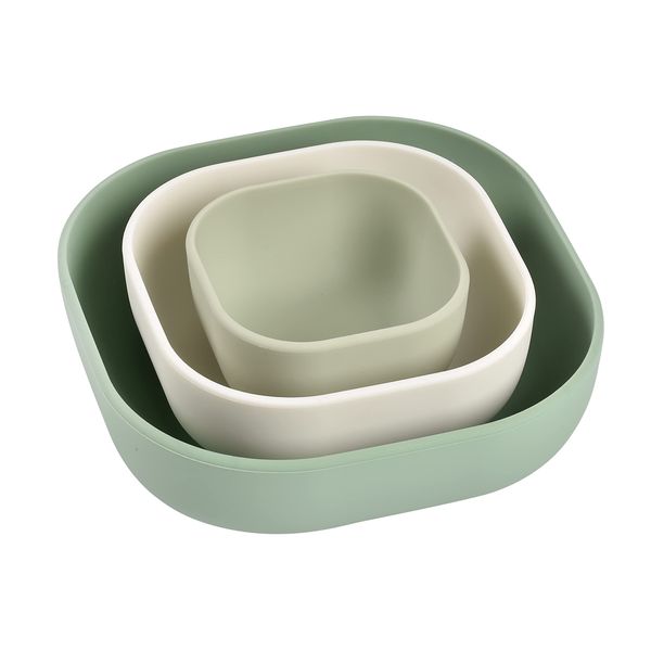 BEABA, Set of 3 Stackable Silicone Bowls, Baby Meal Set, Childrens Silicone Dinnerware Set, Nestable, Evolutive, Ergonomic, Healthy Silicone Material, Durable (Sage green/Cotton/Misty green)