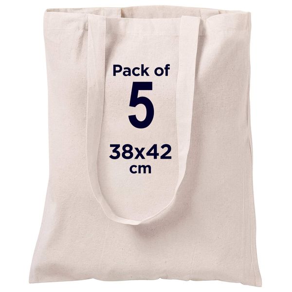 CENTRIX Natural Cotton 5 pack 15 X 16 inch reusable grocery bags, 5.5 oz cotton canvas tote, eco friendly super strong washable great choice for promotion branding and gift