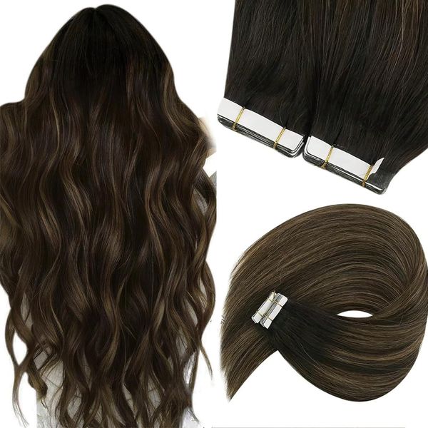 Sunny Hair Tape in Extensions Straight Skin Weft Tape in Hair Extensions Invisible Tape in Hair Extensions Human Hair 20Pcs Hair Extensions Real Human Hair Darkest Brown Balayage Medium Brown 16inch