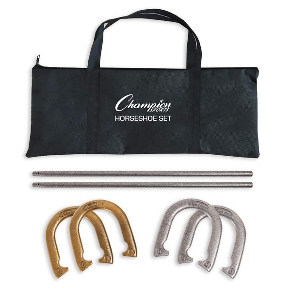 Champion Sports Classic Horseshoe Set: Traditional Outdoor Lawn Game includes Four Professional Solid Steel Horseshoes with Solid Steel Stakes & Carrying Case