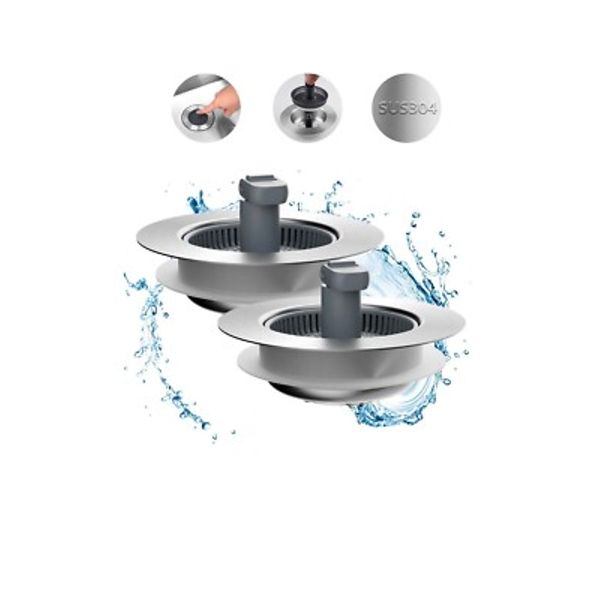 2 Hibbent Upgraded 3 in 1 Kitchen Sink Drain Strainer and StopperCombo, TWO PACK