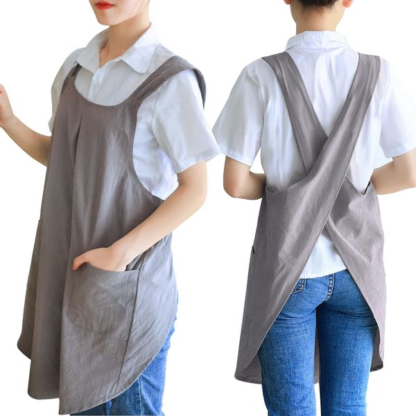 Ninonly Women's Apron for Home Use, Simple H-Shape, Shoulder Bag, Cotton, Plain, Easy to Put on and Take Off with Pockets, Gray, Khaki, gray