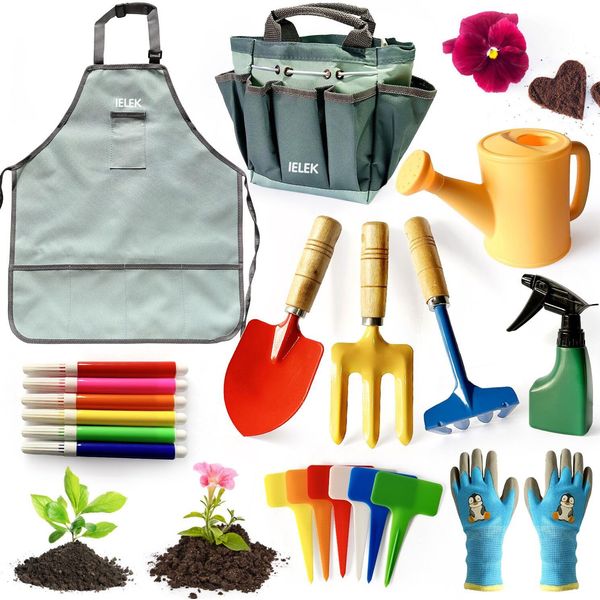 Kids Garden Tools Set Includes Rake, Shovel, Trowel, Apron Gloves Watering Can and Tote Bag, Children Hat, Spray Bottle, Toddler Gardening Tools Best Outdoor Toys Gift for Boys and Girls