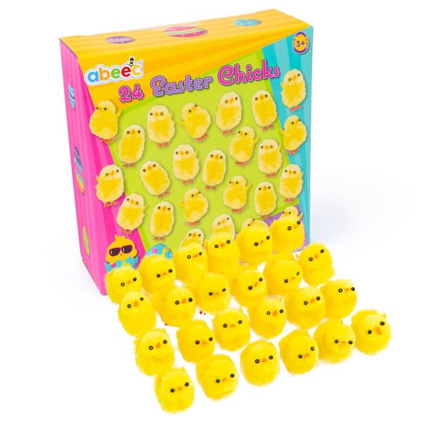 abeec 24 Pack of Easter Chicks – 24 x Yellow Fluffy Chicks for Easter Egg Hunt, Easter Bonnet & Easter Decorations – Easter Gifts for Kids