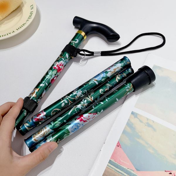 Folding Support Walking Stick, Height Adjustable, Aluminium, Fancy Flower Design, Durable, Telescopic, Lightweight, Five Sections, Cross Country Hiking, Outdoor, Portable, Elderly (green print)