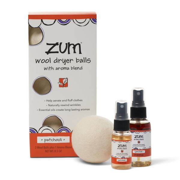 Indigo Wild Zum Laundry Dryer Balls Kit - Wool Laundry Balls for The Dryer - Essential Oil Spray - Reusable Drying Balls for Laundry - Patchouli - (3 Dryer Balls, 1 Aroma Blend)