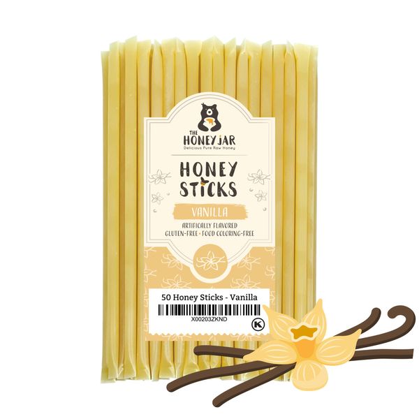 The Honey Jar Vanilla Flavored Raw Honey Sticks - Pure Honey Straws For Tea, Coffee, or a Healthy Treat - One Teaspoon of Flavored Honey Per Stick - Made In The USA with Real Honey - (50 Count)