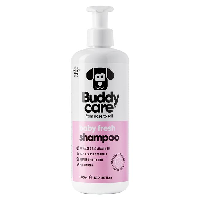 Buddycare Baby Fresh Dog Shampoo Shampoo für müffelige Hunde ab 8 Wochen - Baby-Puder-duftendes Welpen-Shampoo mit Aloe Vera und Provitamin B5 (500ml)