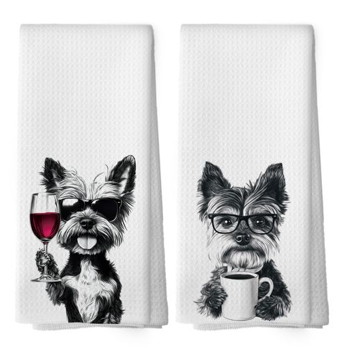 Mcehtle Funny Yorkshire Terrier Kitchen Towels Set of 2, Funny Kitchen Coffee Station Wine Bar Decor, Black and White Dog Owner Hand Towel, Dog Lover Dining Room Decorative Tea Towels 16x24 Inch