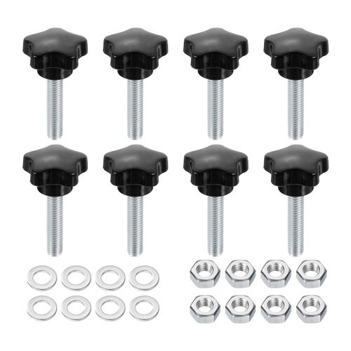 uxcell 8pcs Star Clamping Knobs with Nuts Washers, M8 x 35mm Metric Zinc Plated Carbon Steel Male Thread 31mm 5-Star Plastic Head, Threaded Stud Hand Knobs Handles Thumb Screws, Black