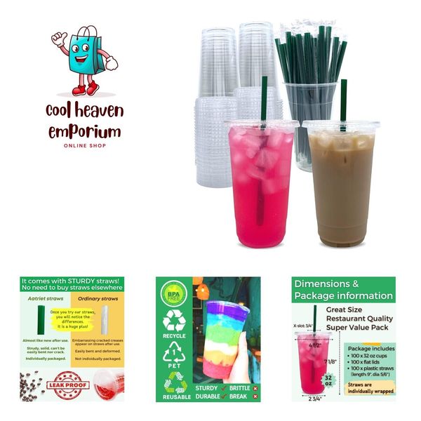 100 Sets] 32 oz Clear Plastic Cups with Lids and STRAWS, Disposable Party Cup...