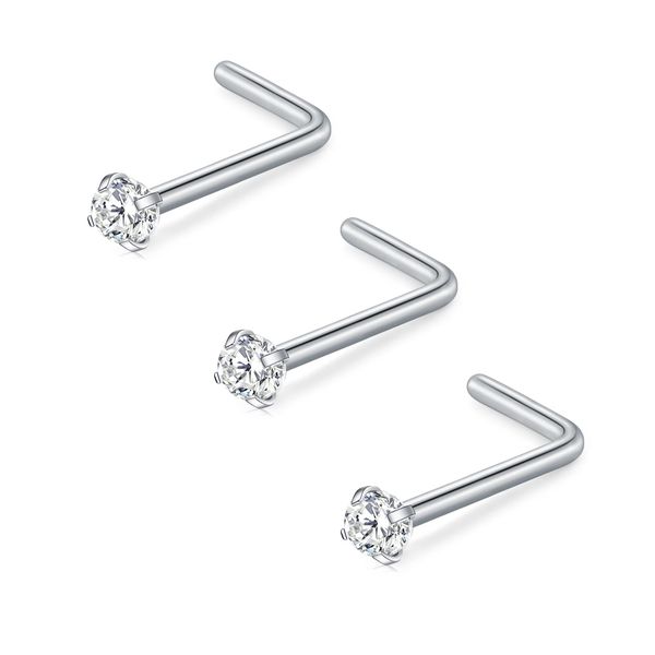 D.Bella 18G L Shaped Nose Studs Surgical Stainless Steel 1.5mm Clear Diamond CZ Nose Rings Studs Silver Nose Rings for Women Nose Nostril Piercing Jewerly