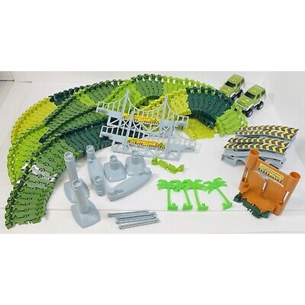 Dinosaur Train Track Set With Trees, Jeeps & Building Pieces To Create Bridge.