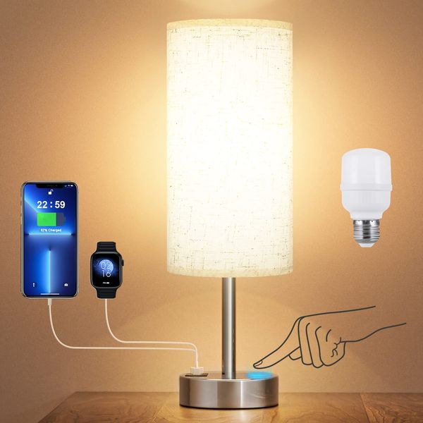 Touch Table Lamp for Bedroom Nightstand - Bedside Lamp with USB-C USB-A Charging Ports White, 3 Way Dimmable Control Small Lamp Fabric Shade Silver Base for Bedroom, Office, Living Room, Reading