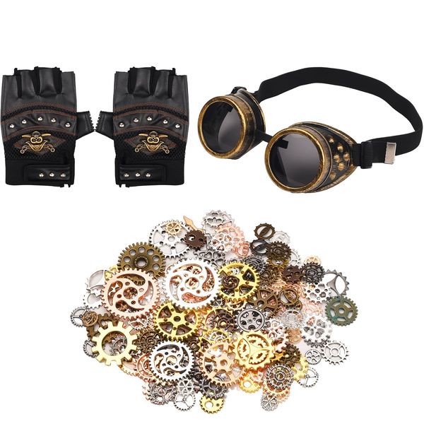 Lezevn 3 Pieces Steampunk Goggle Fingerless Gloves Steampunk Cogs Halloween Vintage Cosplay Costume Accessories