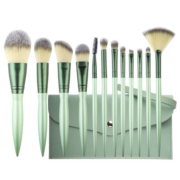 12 Stück Makeup Pinsel Set, Schminkpinsel mit Jade-Griff, Professionelle Pinselset, Foundation Puder Concealer Rouge Lidschatten Schmink Pinsel, Make up Brushes set mit Kosmetiktasche, Grün