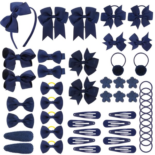 FRIUSATE 50Pcs Blue Girls School Hair Accessories Kit Bow Elastic Headband Hair Clips Kit, Red Pompom Hair Band Hair Accessories, Red Bow Ponytail Holder for Christmas Birthday Gift(Navy Blue)