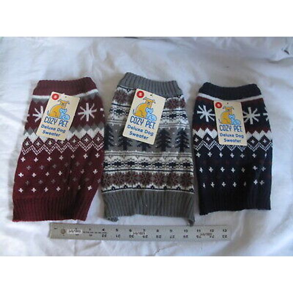 (3) NEW Cozy Pet Dog Knit Sweaters SMALL - Winter Patterns Blue Maroon Gray (CC)