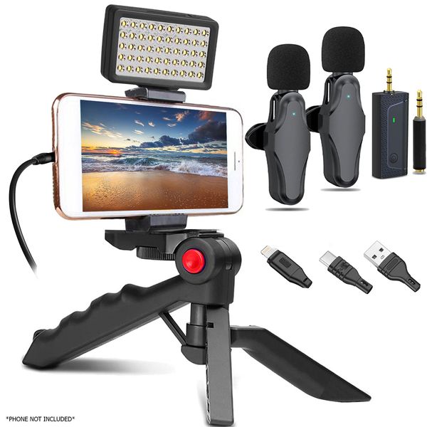 Vivitar Smartphone Podcasting Vlogging Mic Set, Tabletop Tripod, LED Video Light
