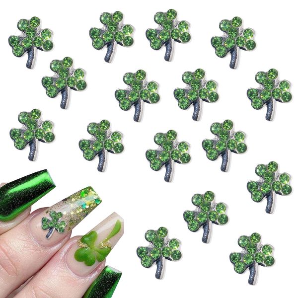 ZASKHLD Shamrock Nail Charms Silver Shamrock Nail Rhinestones with Crystals Design 3D St.Patrick's Day Nail Gems Alloy Silver Shamrock Nail Art Supplies for Women Girls Nail Accessories Salon 16Pcs