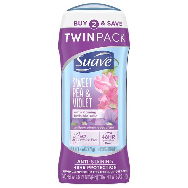 Suave Deodorant Antiperspirant Deodorant Stick 48-hour Odor and Wetness Protection Sweet Pea Violet Deodorant for Women, 2.6 Ounce (Pack of 2)